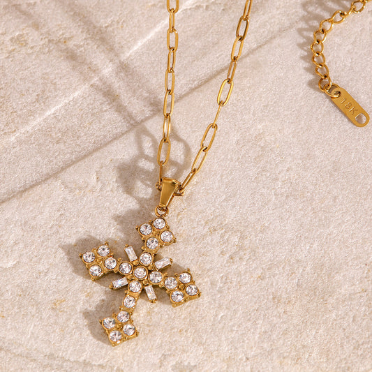 Elegant Geometric Cross Round Cubic Zirconia Inlay Stainless Steel Necklace with Titanium Steel Pendant for Women