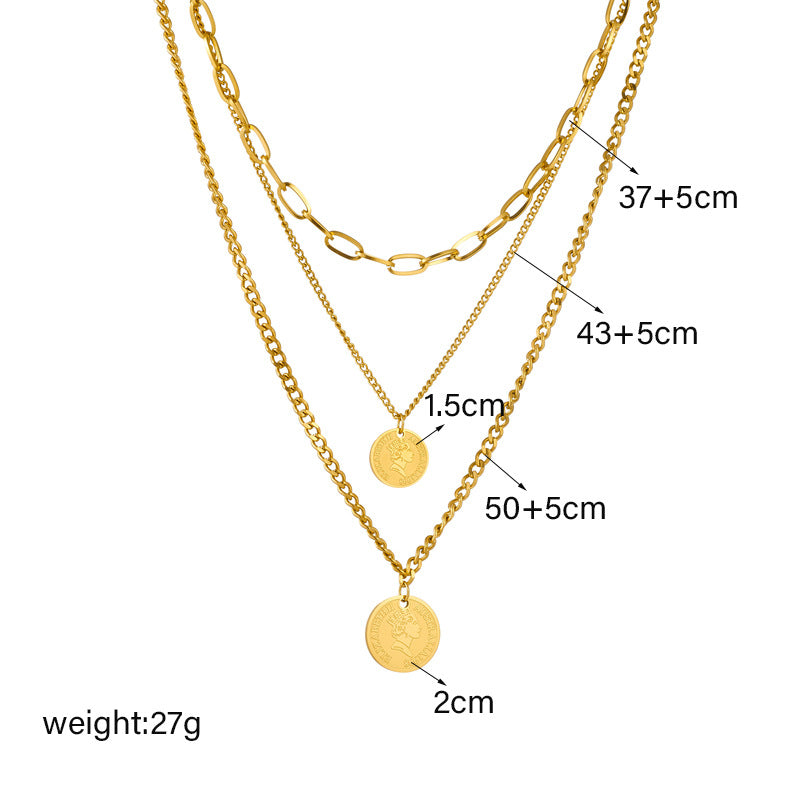 Collar de moda con colgante de moneda geométrica de acero de titanio y acabado chapado para mujer