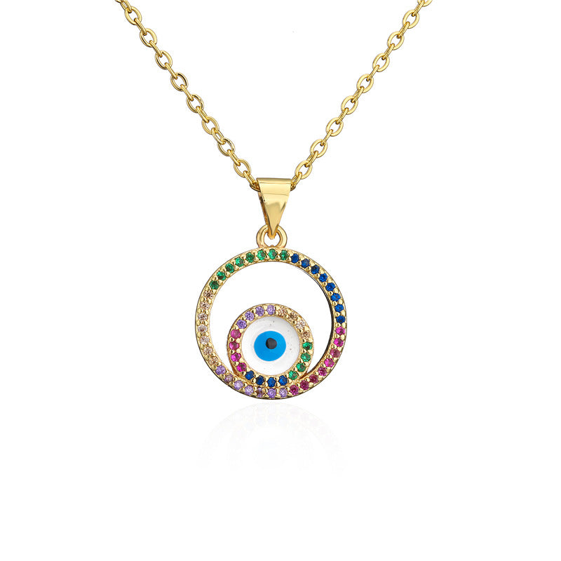 Round Brass Evil Eye Drip Oil Necklace with Micro-inlaid Cubic Zirconia for Women