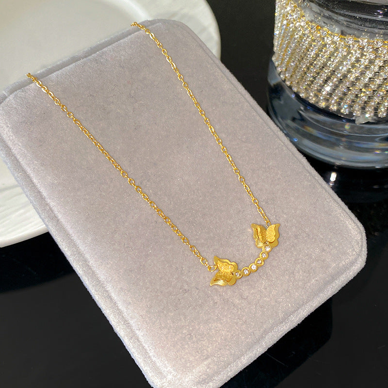 Sweet Streetwear Geometric Double Butterfly Titanium Steel Plated Necklace with Tassel for Unisex