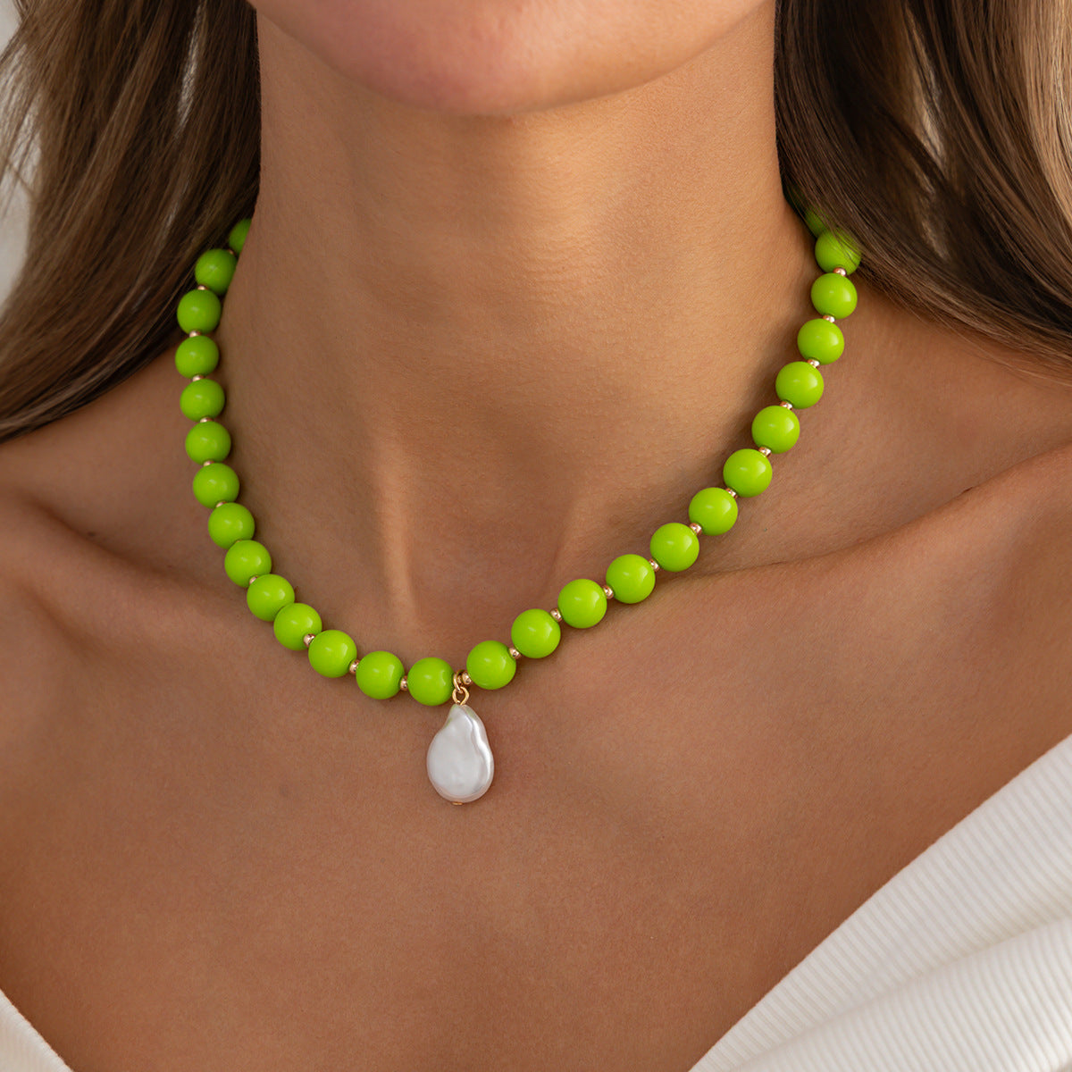 Vintage Geometric Acrylic Beaded Necklace with Baroque Pearl Pendant for Women