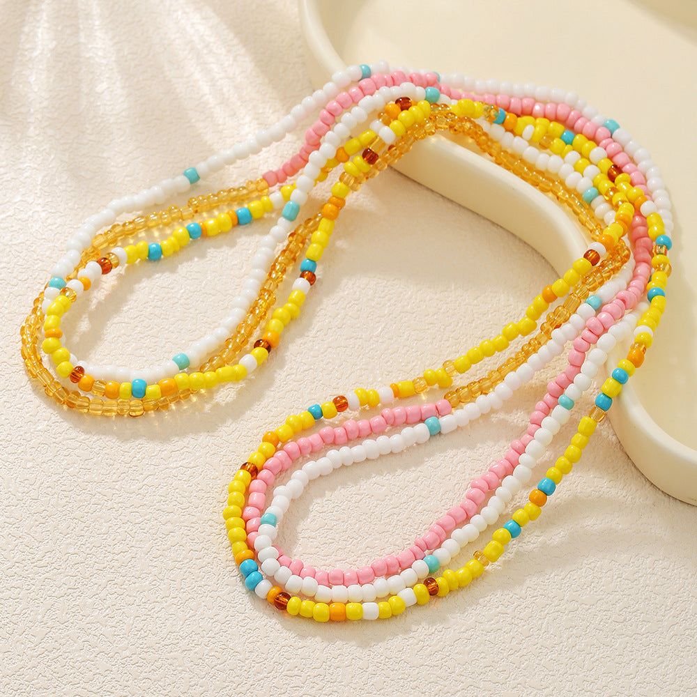 Bohemian Ethnic Geometric Seed Beads Waist Chain with White Crystal Inlay Double Layer Elastic