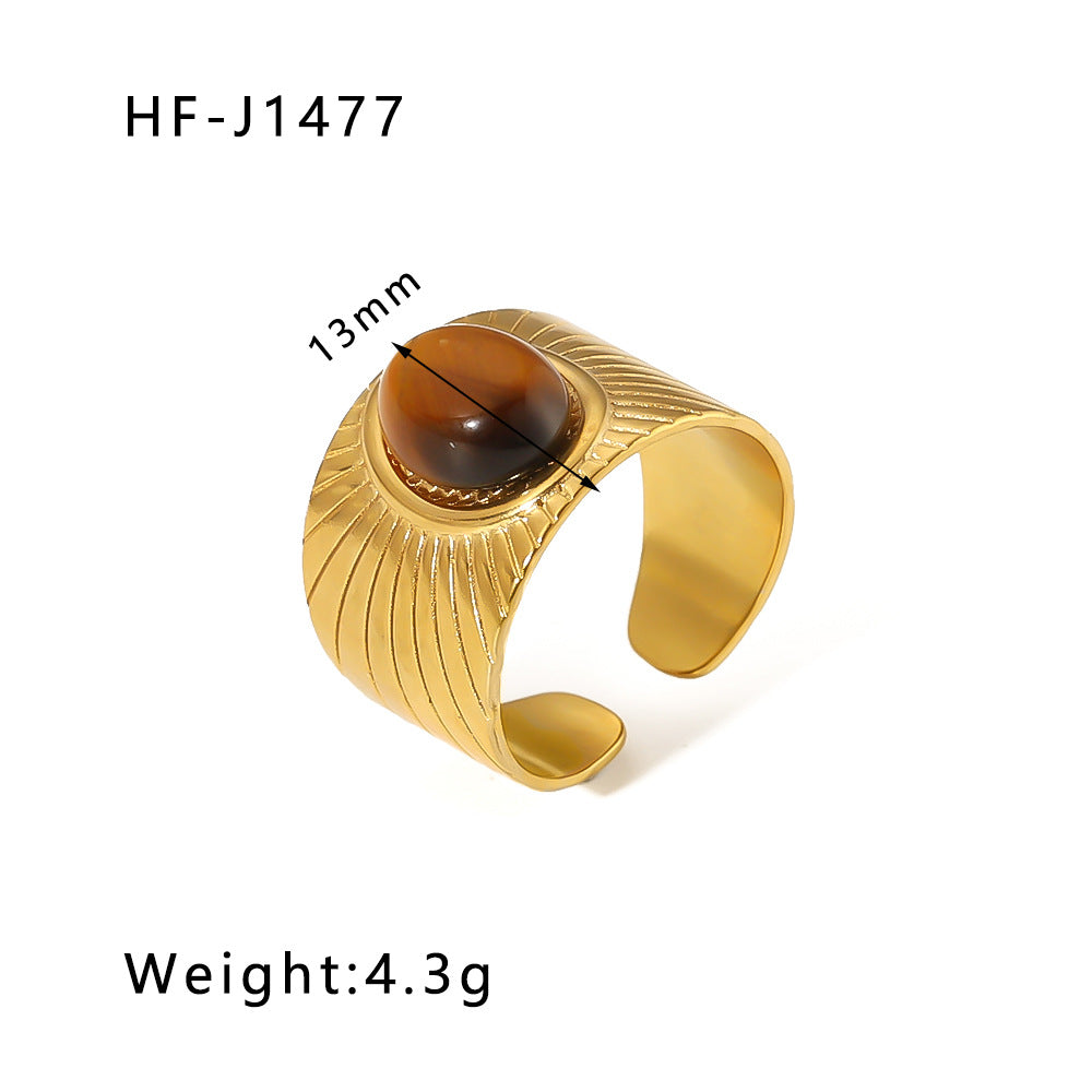 Vintage Geometric Round Emerald Green Natural Stone Stainless Steel Ring with 18K Gold Plating
