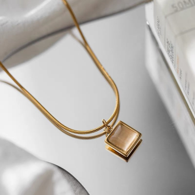 Minimalist Geometric Square Pendant Necklace for Women in Titanium Steel with Snake Chain