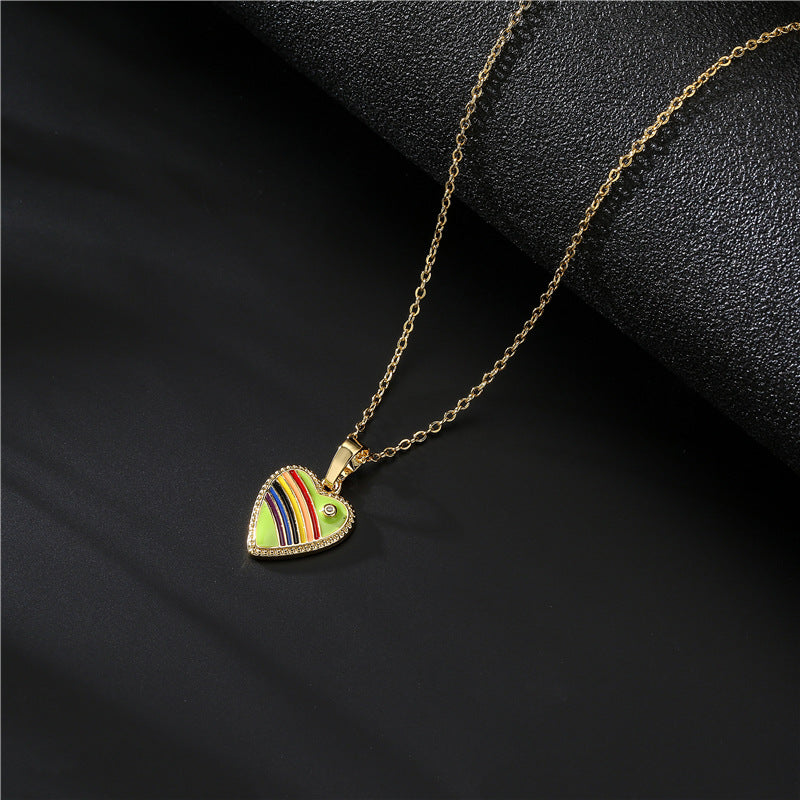 Rainbow Gradient Drip Oil Heart 18K Gold Plated Brass Necklace Cable Chain