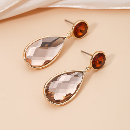 Minimalist Geometric Waterdrop-Shaped Copper Earrings with Rhinestone Inlay for Women