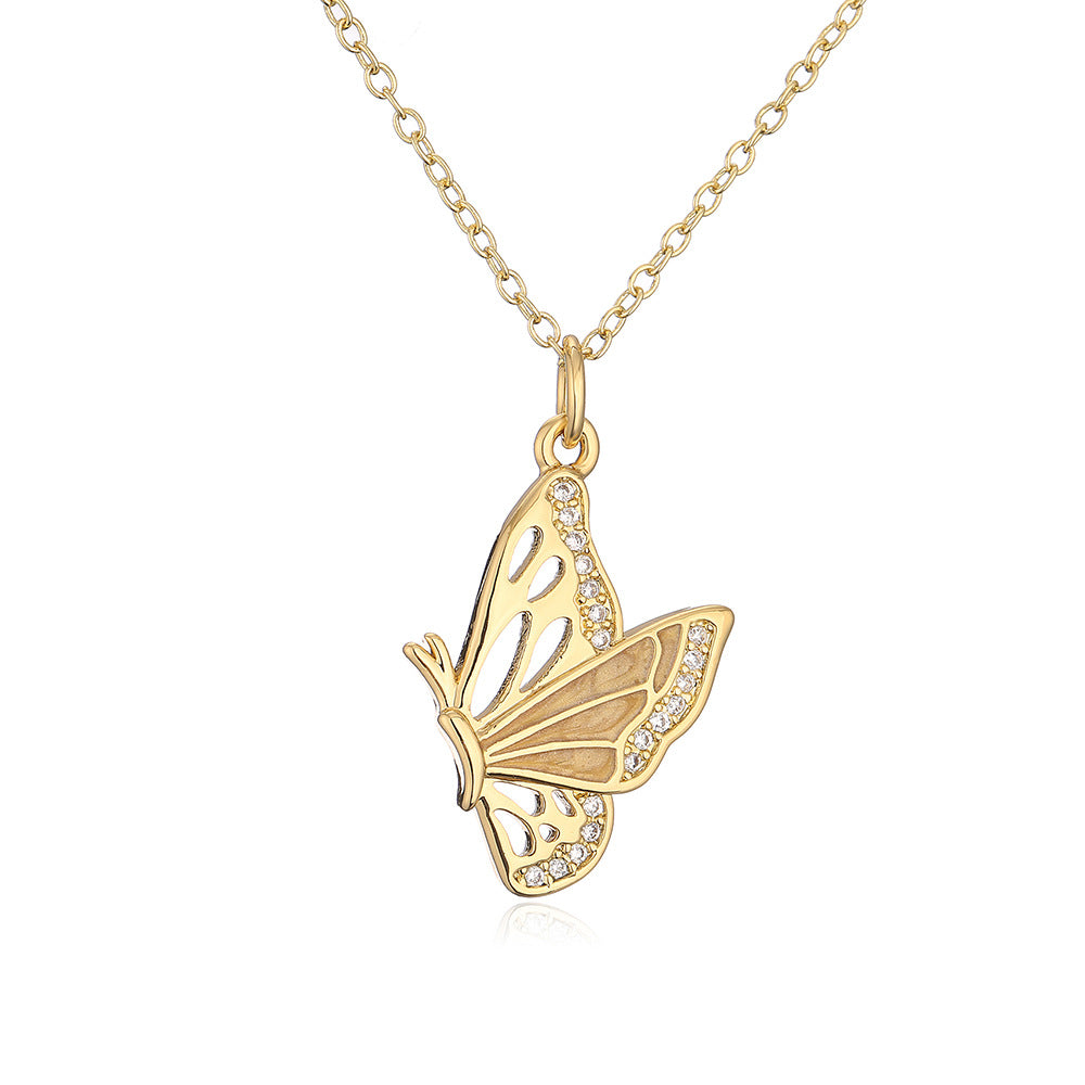 Minimalist Butterfly Pendant Necklace for Women with Copper Base Plated in 18K Gold and Enamel Finish Featuring Cubic Zirconia Accents