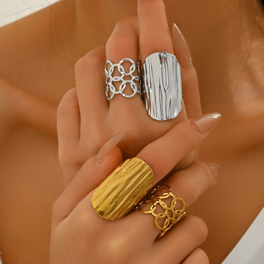 Conjunto de Anillos Ajustables Calados Geométricos Irregulares para Mujer, Aleación de Zinc Chapada con Estilo Moderno Minimalista