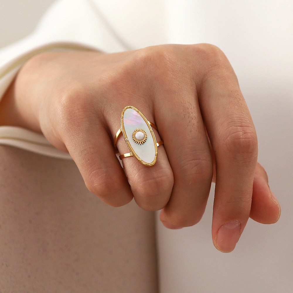 Vintage French Style 18K Gold Plated Stainless Steel Oval Mother of Pearl and Pearl Inlay Open Ring for Women