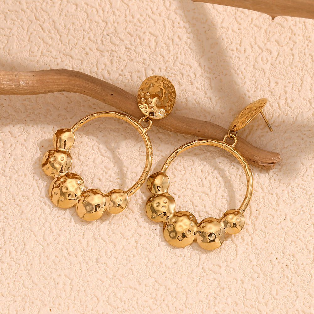 Fashionable Vintage-Inspired Geometric Stainless Steel Earrings with 18K Gold Plating and Hammered Texture for Women