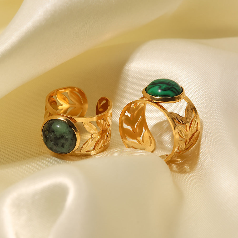 French Style 18K Gold Plated Stainless Steel Hollow Leaf Ring with Green Turquoise and Malachite