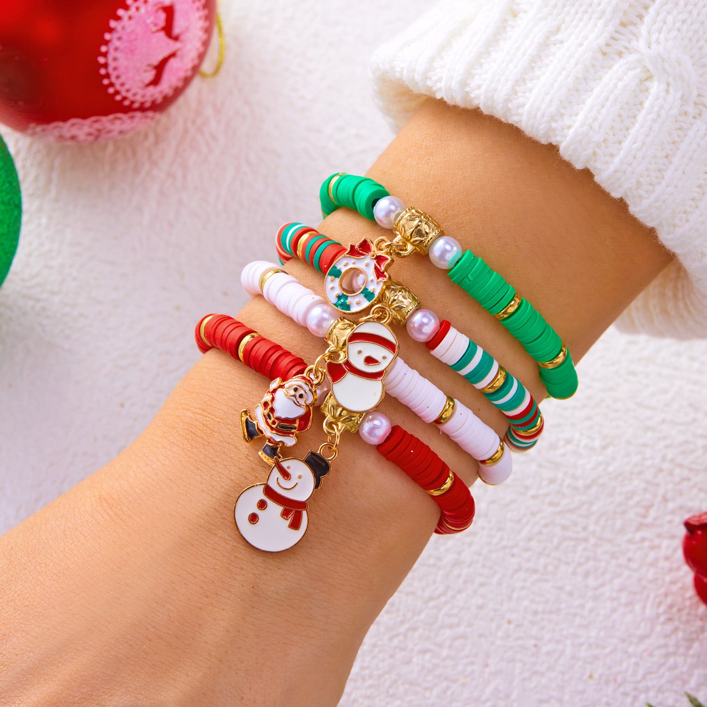 Christmas-Themed Handcrafted Alloy Bracelet Set with Santa Elk Bell Crystal Pearl Adjustable Braided Design for Unisex Wear