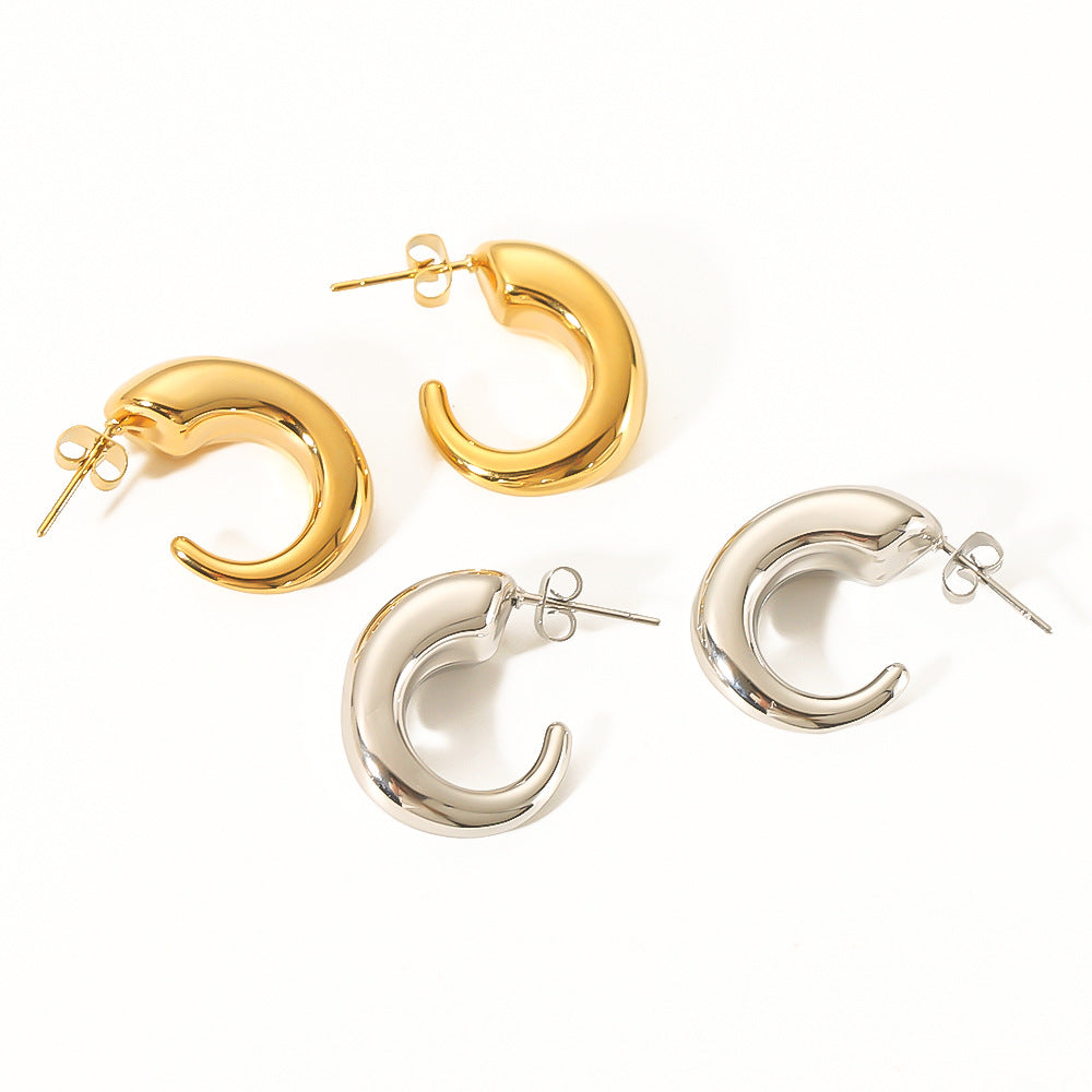 Minimalist Geometric C-Shaped Hollow Stainless Steel Earrings with 18K Gold Plating for Women