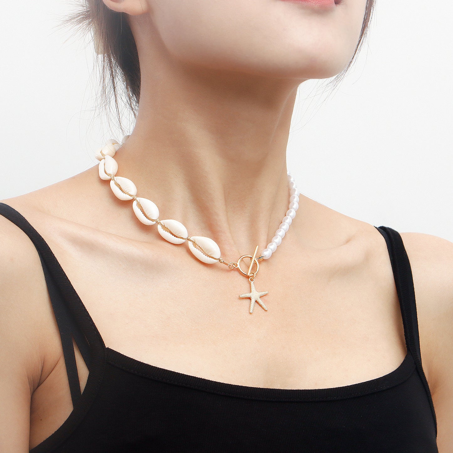 Handwoven Beach Style Alloy Starfish Pendant Necklace for Women with Shell Motif and Electroplated Finish