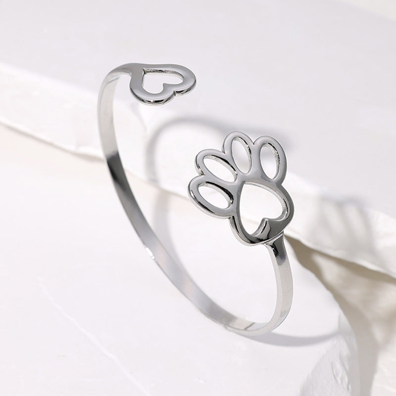 Minimalist Stainless Steel Adjustable Bracelet with Heart and Cat Paw Charm, Polished and Plated