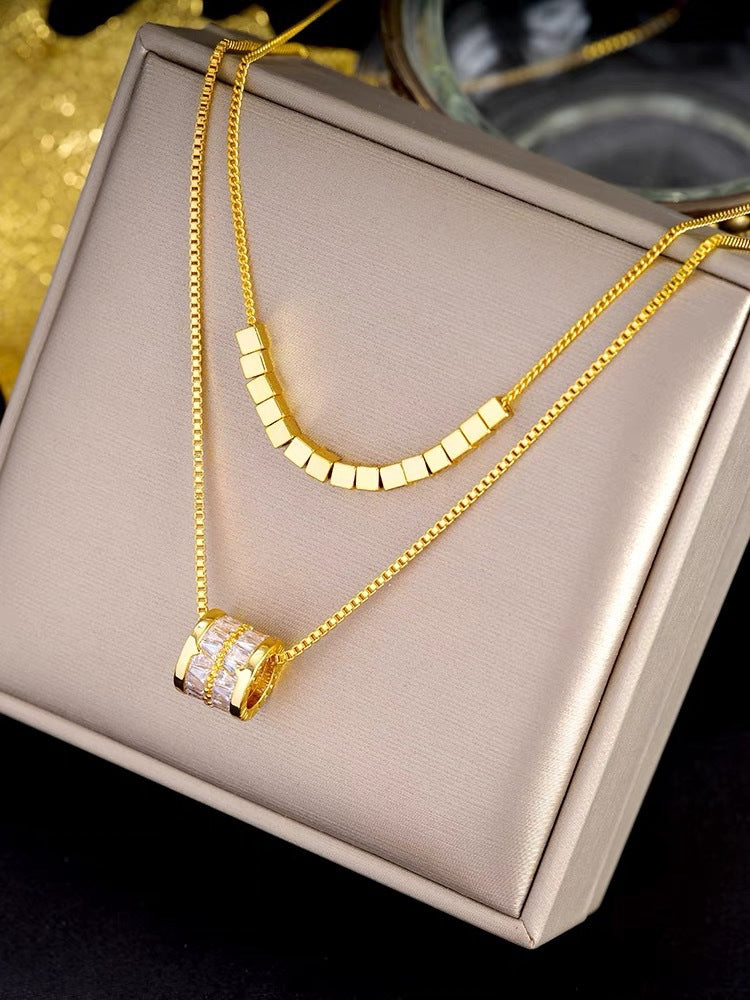 Collar Minimalista de Doble Capa con Zirconia, Colgante Geométrico, de Acero Inoxidable Chapado, Cadena O, Unisex