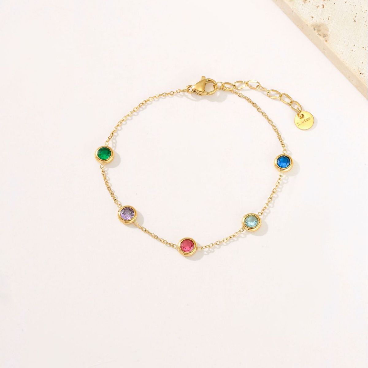 Fashionable Vintage Minimalist Geometric Rhinestone-Set 18K Gold-Plated Titanium Steel Colorful Bracelet for Women