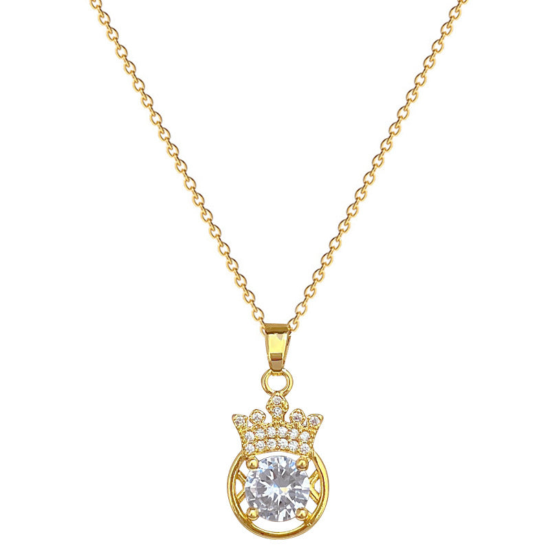 Luxury Titanium Steel Geometric Hollow Crown Pendant Necklace and Rhinestone Stud Earrings Set for Women