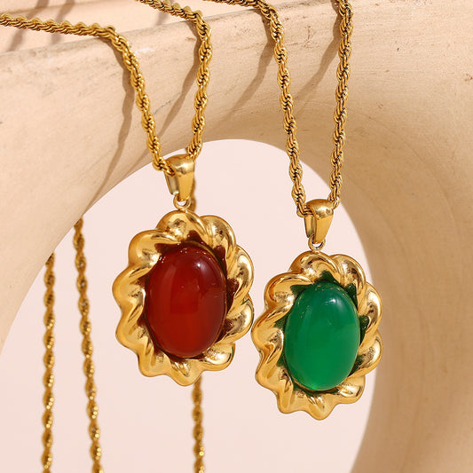 Fashionable Vintage-Inspired Geometric Pendant Necklace in Stainless Steel with 18K Gold Plating and Red Agate Inlay for Women