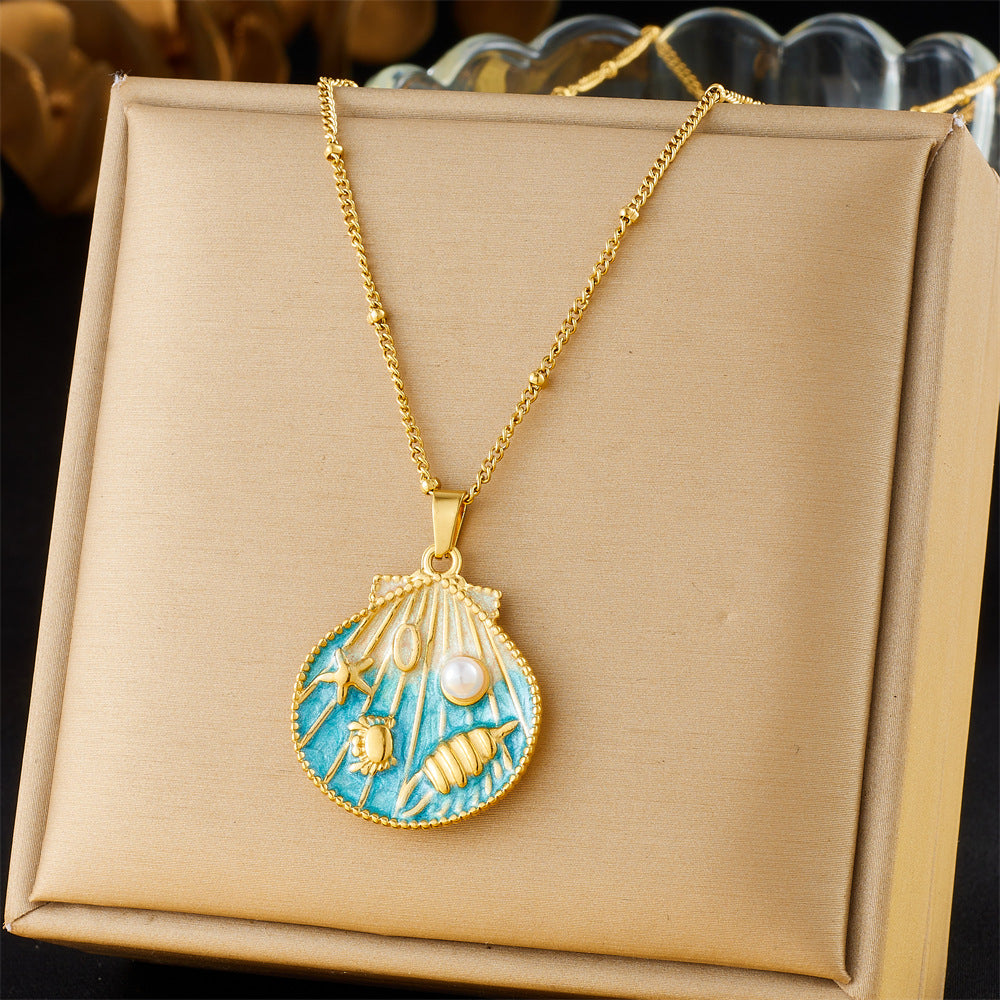 Collana con ciondolo a conchiglia minimalista dolce, animale marino in acciaio inossidabile con finitura smaltata sfumata