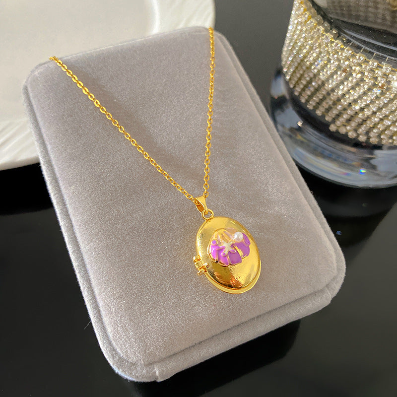 Vintage Enamel Drip Oil Oval Heart Brass Pendant Titanium Steel Necklace Cable Chain