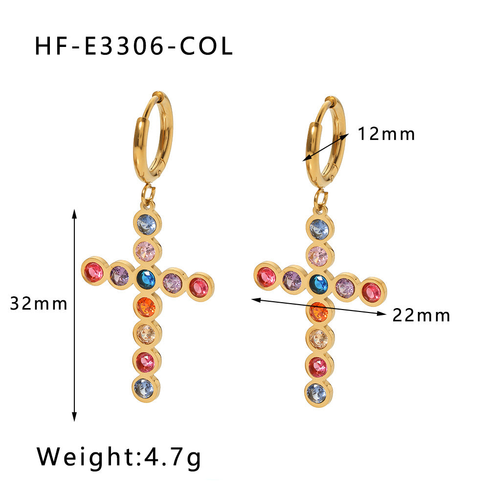 Ins Style Geometric Stainless Steel Cross Stud Earrings with Green Black Colorful or White Zircon Inlay Plated for Women