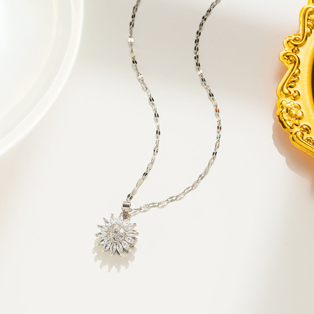 Luxury Rotating Sunflower Pendant Necklace in Titanium Steel with Full Rhinestone Inlay for Women, Delicate Clavicle Chain with Wavy Link Design