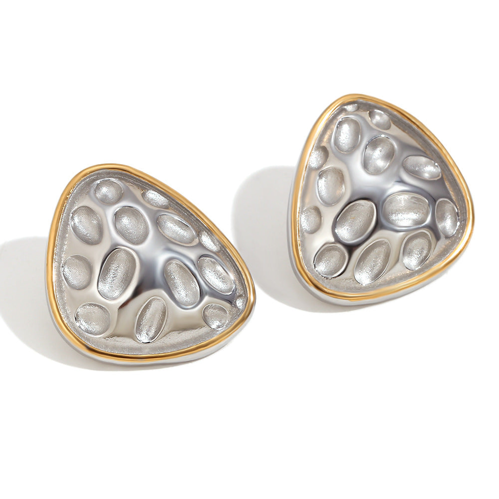 Fashionable Geometric Irregular Triangle Hammered Texture Stainless Steel Earrings with 18K Gold Plating for Women
