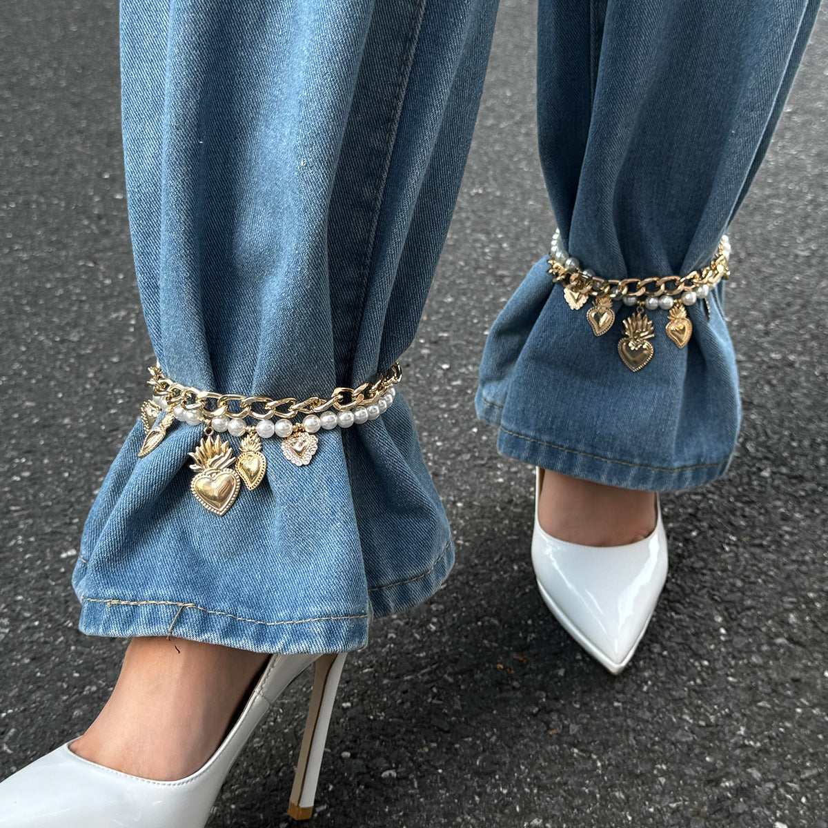 Vintage Heart-Shaped Alloy Anklet with Pearl Accents for Women, Fashionable Pants Hem Decor and Beaded Foot Jewelry