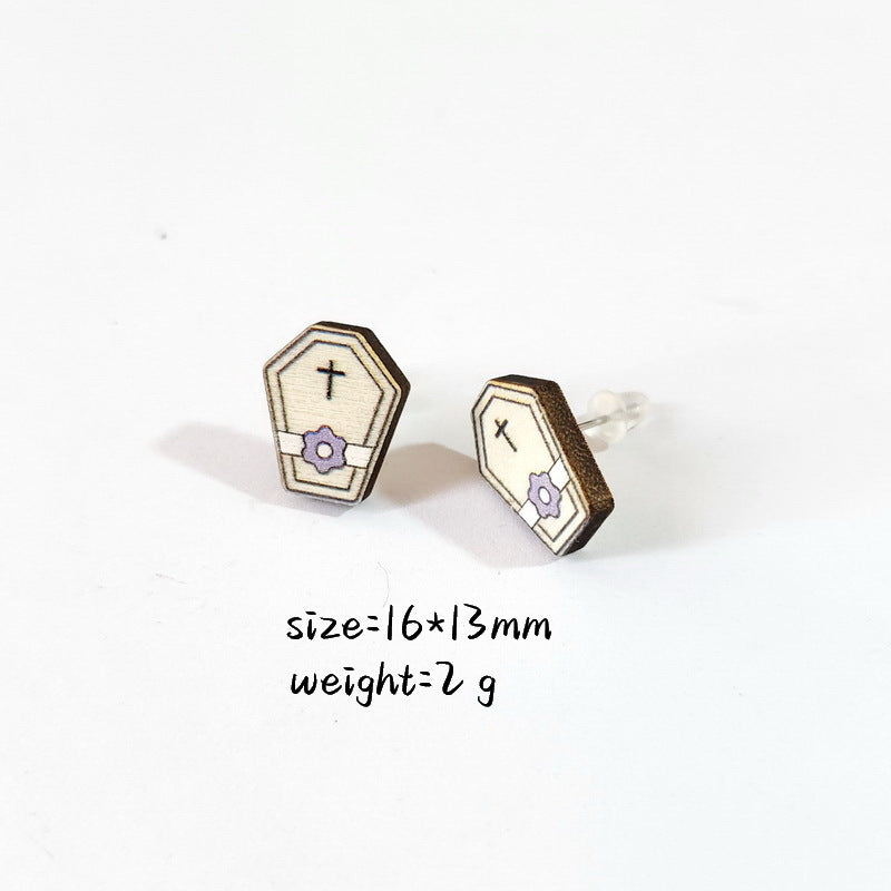 Pendientes de Halloween de Madera Estilo Caricatura con Calavera, Murciélago, Sombrero de Bruja y Ataúd para Mujer