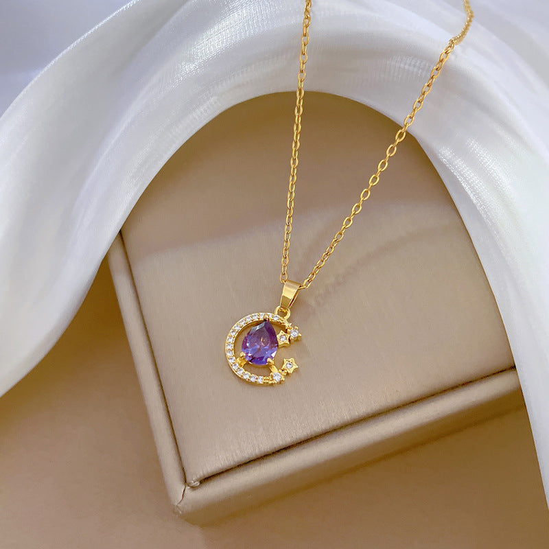 Minimalist Moon-Shaped Pendant Necklace in Titanium Steel with Rhinestone Inlay for Women and Men