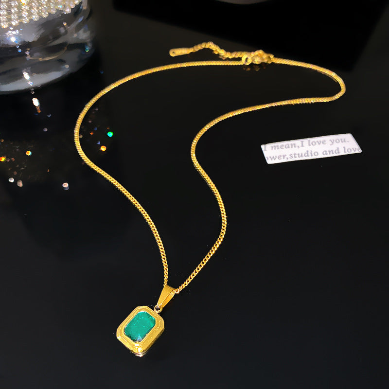 Vintage Green Cubic Zirconia Geometric Square Plated Titanium Steel Necklace for Women and Men