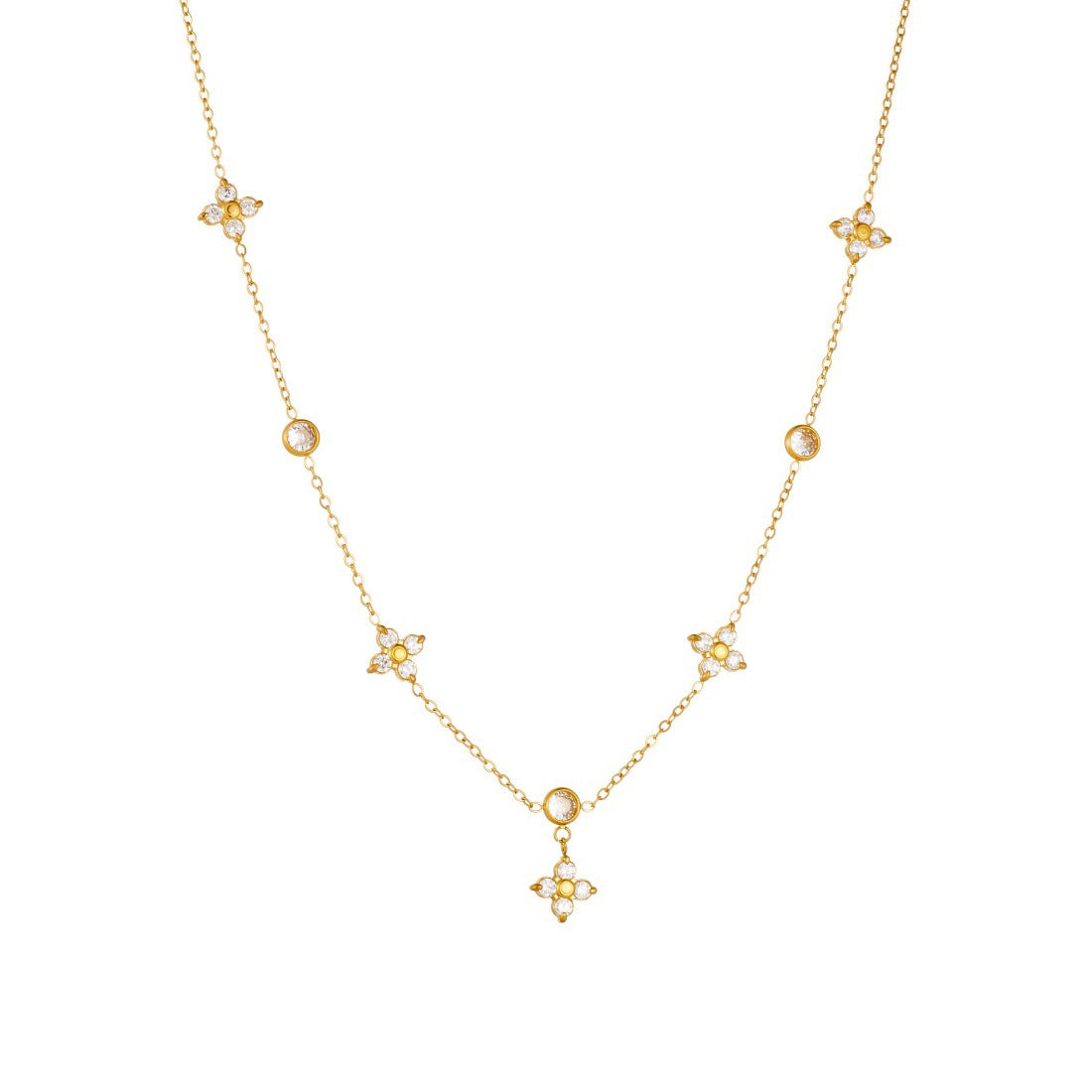 Minimalist Casual Gold Plated Stainless Steel Floral Rhinestone Pendant Necklace for Women