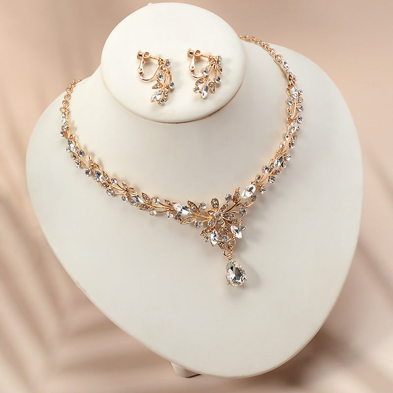 Elegant Gold Plated Alloy Rhinestone Floral Necklace and Earring Set for Women