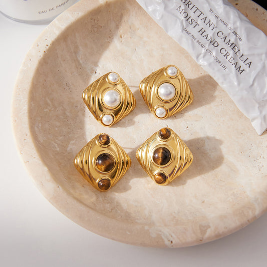 Pendientes de tuerca geométricos de ojo de tigre de cuatro lados en acero de titanio con acabado chapado para mujer