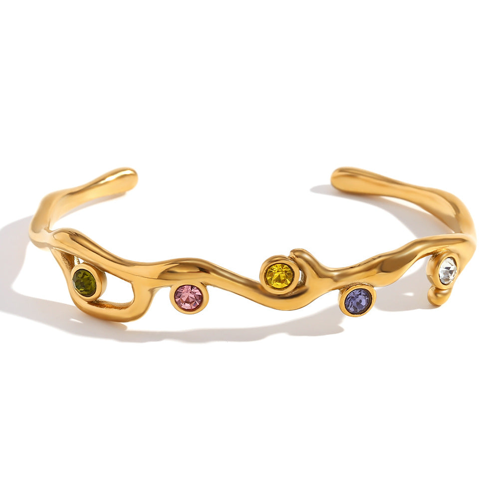 Fashionable Minimalist Branch-Shaped Stainless Steel Plated 18K Gold Colorful Rhinestone Bracelet for Women