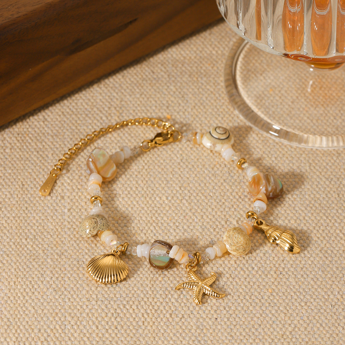 Minimalist Ocean-Inspired Stainless Steel and Shell Bracelet for Women with Geometric Design and Plated Finish