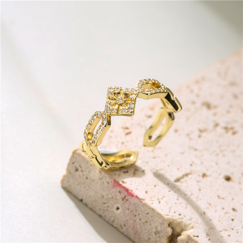 Geometric Micro-Inlay Gold Plated Brass Ring for Women