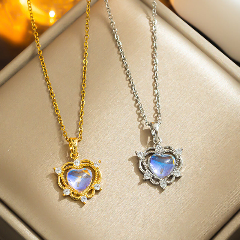 Minimalist Heart-Shaped Titanium Steel Pendant Necklace with Rhinestone Inlay and O-Chain for Women