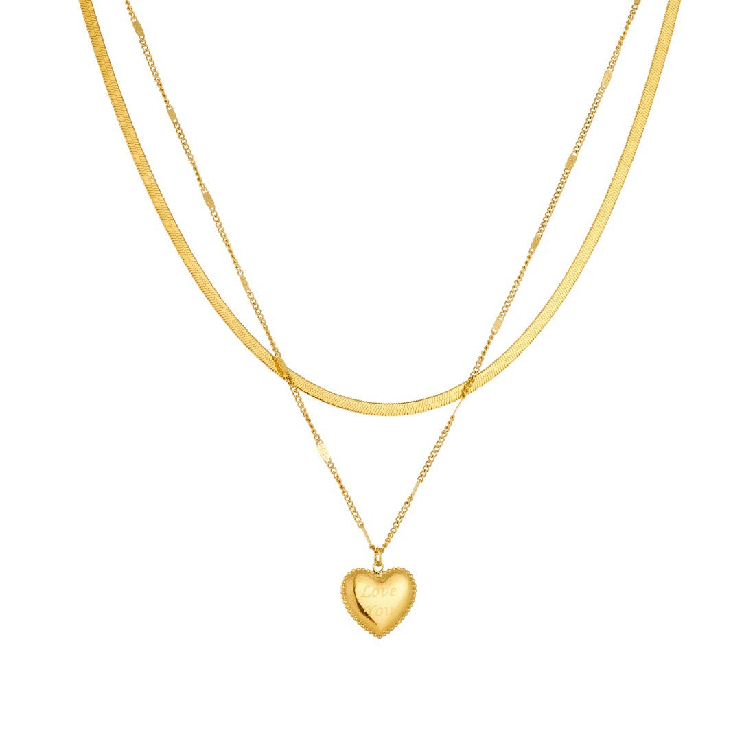 Gold Plated Stainless Steel Heart Pendant Double Layer Irregular Chain Necklace for Women