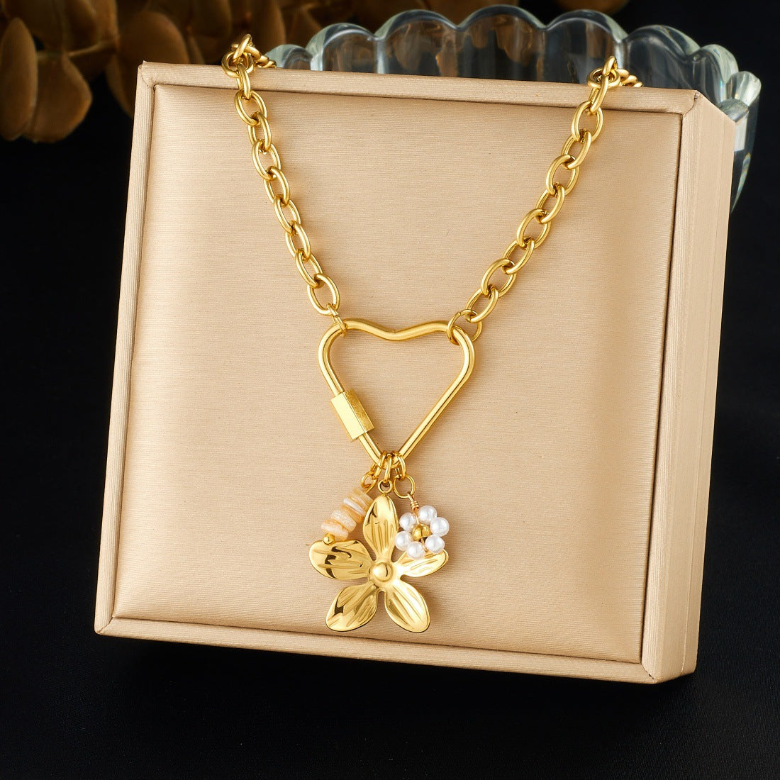 Casual Gold Plated Heart Lily of the Valley Pearl Pendant Stainless Steel Curb Chain Necklace for Women