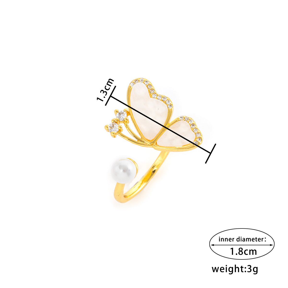Anello regolabile da donna in madreperla e perla a forma di farfalla, minimalista, con fascia in rame placcato oro
