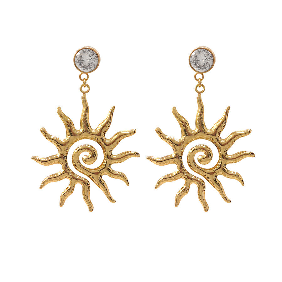Vintage Geometric Sun Stainless Steel Earrings with Rhinestone Inlay for Women