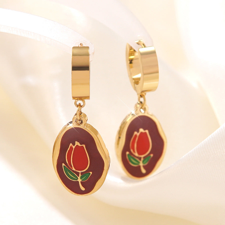 Aretes de acero inoxidable con esmalte de aceite floral de lujo elegante de rosa para mujer