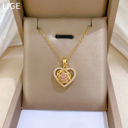 Sweet Heart Rose Rhinestone Titanium Steel Necklace Unisex Cable Chain
