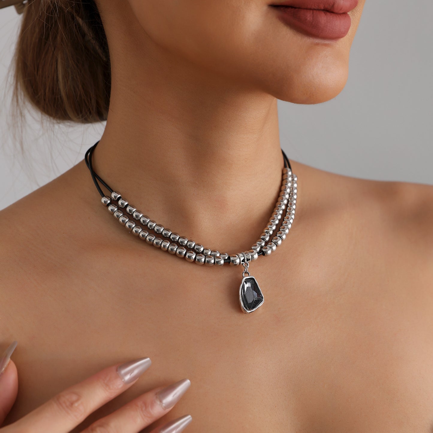 Gothic Bohemian Geometric Alloy Plated Pendant Necklace with Beaded Leather Cord for Women