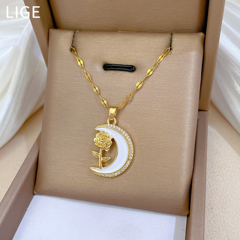 Collar con colgante floral minimalista de luna y rosa para mujer, cadena de acero inoxidable con diseño geométrico