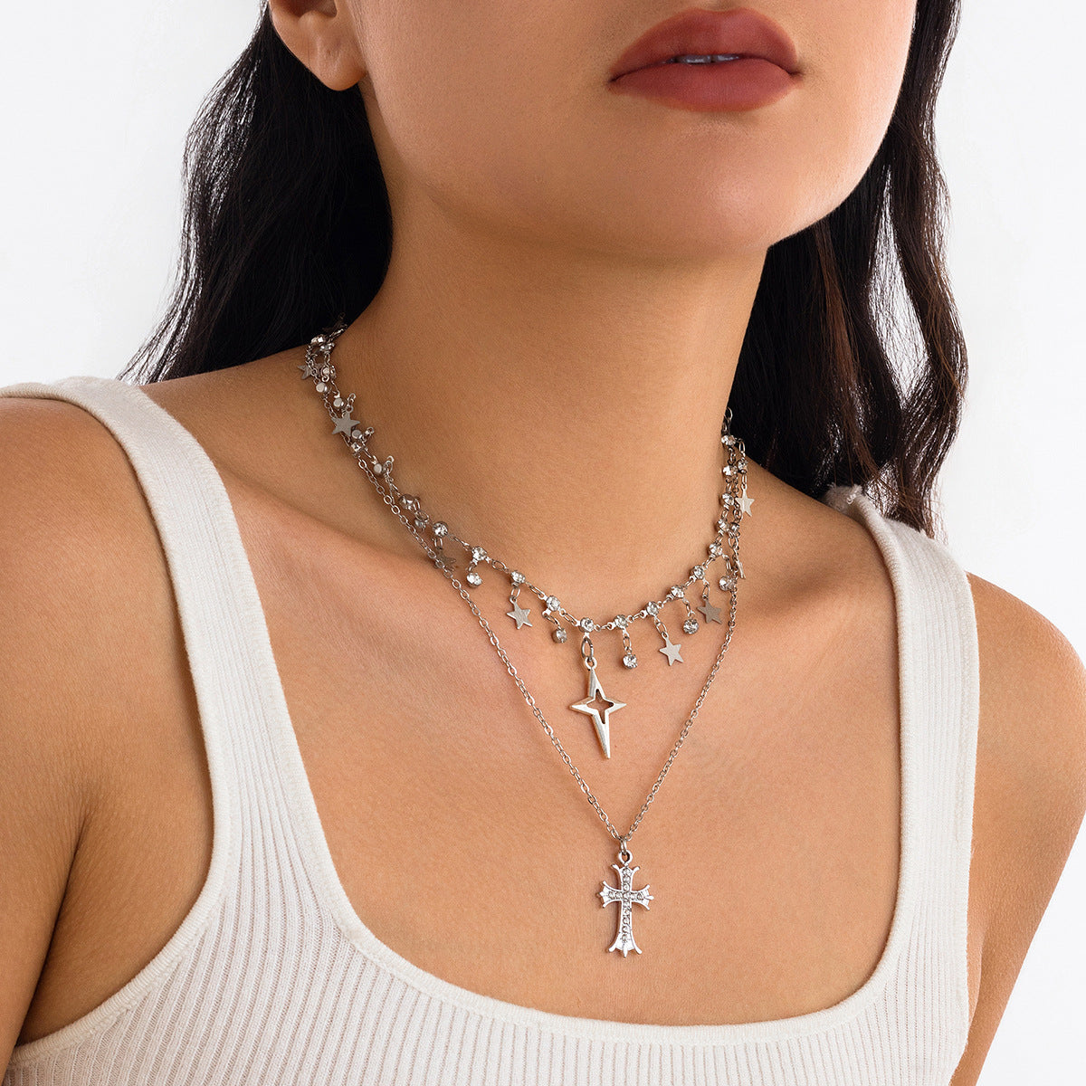 Punk Rhinestone Inlaid Cross Pendant Zinc Alloy Plated Multi-Layer Necklace for Women