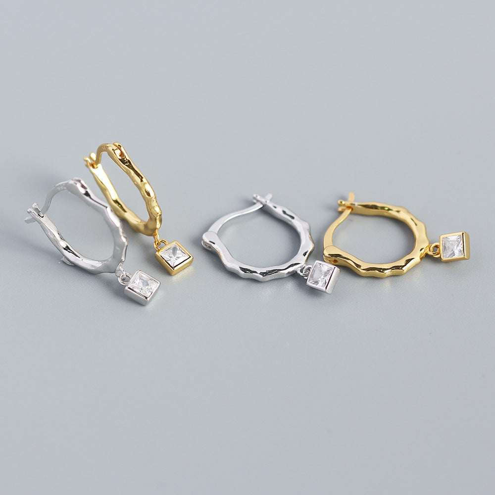 Vintage Minimalist 925 Sterling Silver Geometric Square Inlaid Rhinestone Hoop Earrings for Women