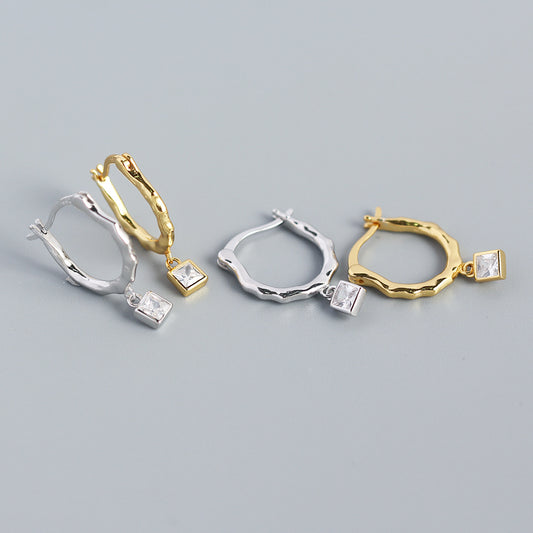 Pendientes de aro cuadrados geométricos minimalistas vintage de plata de ley 925 con diamantes de imitación incrustados para mujer
